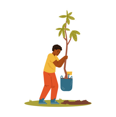 African American boy carrying tree seedling for planting flat vector illustration isolated on white.のイラスト素材