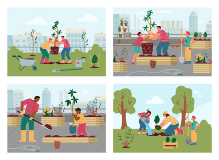 Adults and kids planting trees and bushes in the city park, on the rooftop and in the countryside vector scenes set. Different people carrying trees, digging, watering. Gardening with children outdoors.のイラスト素材