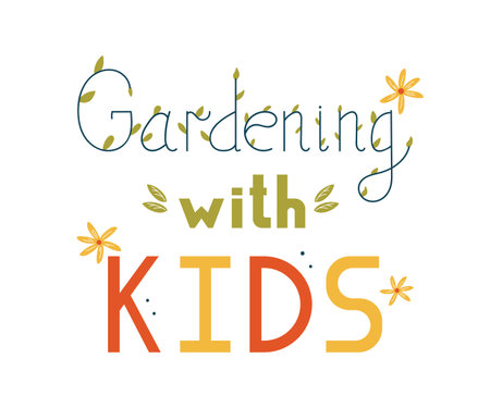 Gardening with kids hand drawn vector lettering isolated on white.のイラスト素材