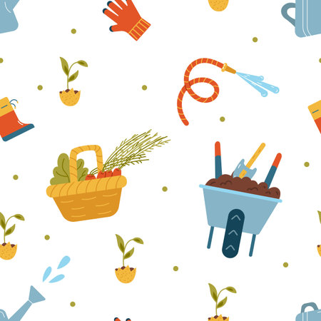 Gardening seamless vector pattern. Illustrations of gardening equipment, seedlings, basket with vegetables.のイラスト素材