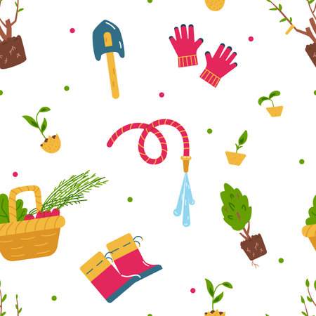 Gardening seamless vector pattern. Illustrations of gardening equipment, seedlings, basket with vegetables.のイラスト素材