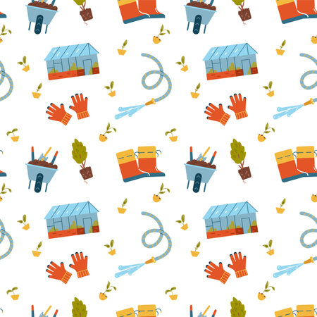 Gardening seamless vector pattern. Illustrations of gardening equipment, seedlings, greenhouse.のイラスト素材