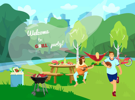 Vector invitation to barbecue party. Peopole having fun in the park. Picnic table served, barbecue with food, cooler bag with vegetables and water. Landscape, picnic scene. catroon style.のイラスト素材