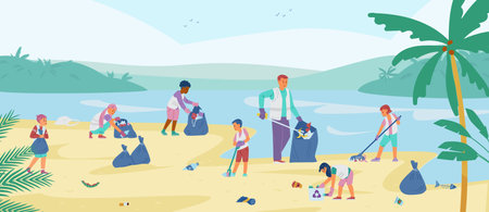 Children Volunteers Collecting Trash On The Beach. Man with Kids Cleaning Up The Coast. vector illustration.のイラスト素材