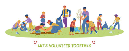 Children And Adults Volunteers Planting Trees And Collecting Trash. Vector Motivational Banner.のイラスト素材