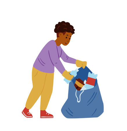 African American Boy Volunteer Collecting Trash Into Trash Bag. vector illustration. Isolated On White.のイラスト素材