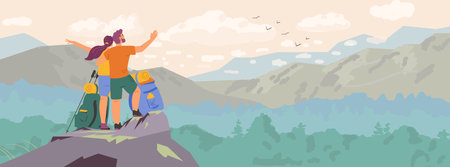 Couple standing on top of the mountain observing beautiful landscape horizontal banner. Man and woman hiking vector illustration.のイラスト素材