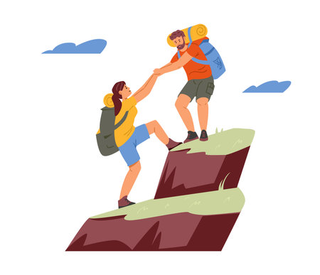 Couple climbing a mountain vector illustration. Man and woman hiking. isolated on white.のイラスト素材