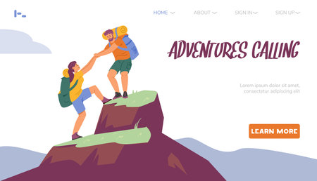 Couple hiking climbing mountain vector landing page template. Active lifestyle, tourism exploring nature concept.のイラスト素材