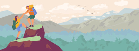 Couple climbing a mountain horizontal banner. Man and woman hiking vector illustration.のイラスト素材
