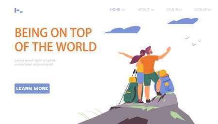 Couple hiking standing on top of the mountain vector landing page template. Active lifestyle, tourism exploring nature concept.のイラスト素材