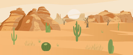 Desert Landscape With Cactus And Sand Rocks. Flat Vector Illustration.のイラスト素材