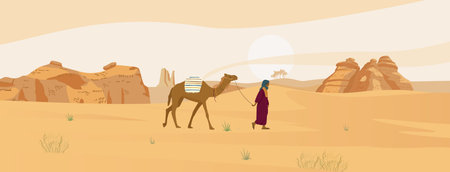 Saudi Arabia Desert Landscape With Bedouin With Camel And Sand Rocks. vector illustration.のイラスト素材