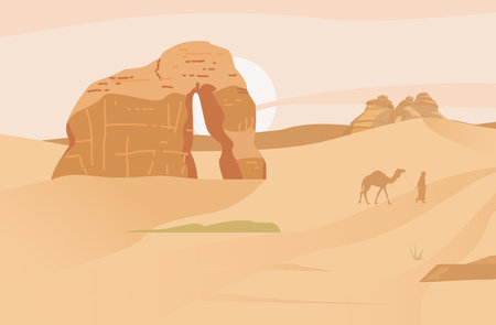 Saudi Arabia Desert Landscape With Elephant Rock. Hegra Ancient Village. Sand Rocks. Flat Vector Illustration.のイラスト素材