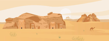 Saudi Arabia Desert Landscape With Ancient Tombs Of Al Ula. Hegra Ancient Village. Sand Rocks. Flat Vector Illustration.のイラスト素材
