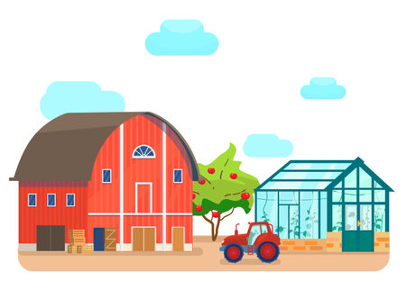 Vector illustration of a red barn with wooden boxes in flat cartoon style. Red tractor and greenhouse near barn.のイラスト素材