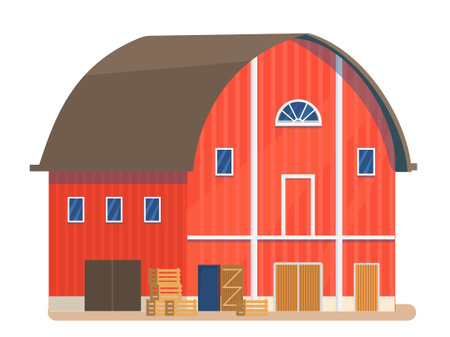 Vector illustration of a red barn with wooden boxes in flat cartoon style. Storehouse on white background.のイラスト素材