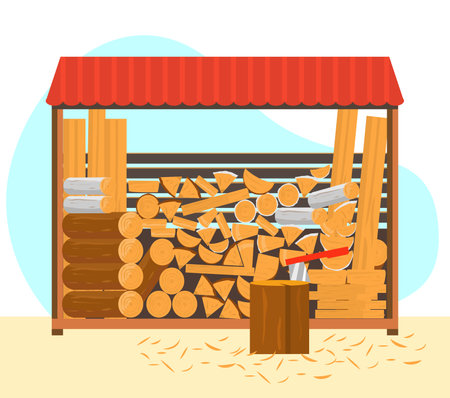 Vector illustration of woodpile with different types of firewood and planks. Stump with ax with sawdust.のイラスト素材