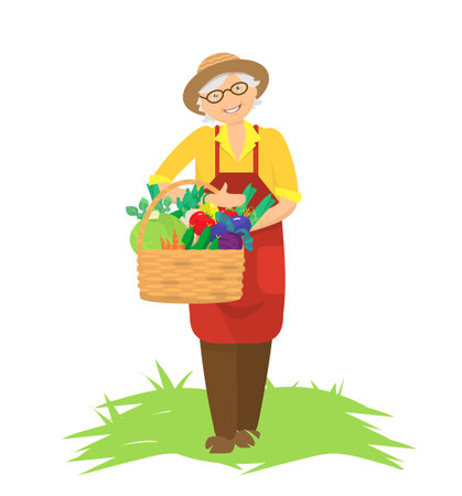 Vector illustration of old lady holding bascket with vegetables. Gardener bringing harvest. Grandmother offering healthy food. flat cartoon style.のイラスト素材