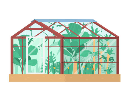 Vector illustration of greenhouse with tropical plants inside. glass house. isolated on white. flat illustration.のイラスト素材