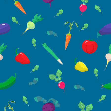 Vector seamless pattern on dark blue background. Vegetarian pattern.のイラスト素材