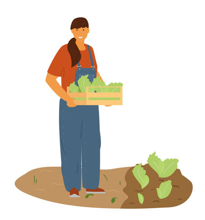 Woman Farmer In Overalls Holds Box With Salad. vector illustration.のイラスト素材