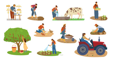 Vector Set Of Women Farmers Working. Harvesting, Digging, Watering, Feeding Cattle, Making Cheese, Driving Tractor.のイラスト素材