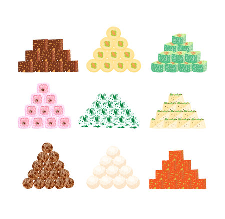 Big vector set of different Asian sweets in pyramids. Flat vector illustration.のイラスト素材