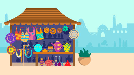 Souvenir street shop with city on the background. Pottery, bags and jewelry. Flat vector illustration.のイラスト素材