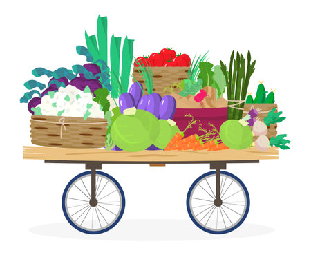 Exotic street market stall with vegetables. Wooden cart with vegetables. isolated on white. Flat vector illustration.のイラスト素材