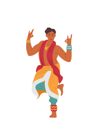 Indian Man In Traditional Outfit Dancing. Asian Male Character Vector Illustration. Isolated On White.のイラスト素材