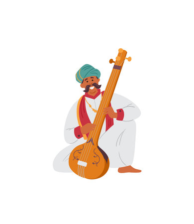 Indian Man In Turban Playing Traditional String Musical Instrument Tampura. vector illustration. Isolated On White.のイラスト素材
