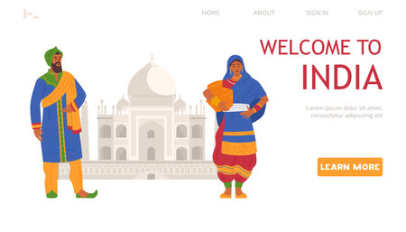 Welcome to India vector landing page template. Man and woman in traditional clothing standing in front of Taj Mahal.のイラスト素材