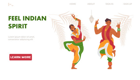 Travel to India vector landing page template. Man and woman in traditional clothing dancing.のイラスト素材