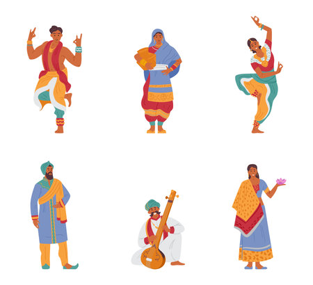 Vector Set Of Indian Characters Men And Women In Traditional Outfits. Isolated On White.のイラスト素材
