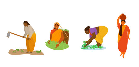 Vector set of Indian women working. Woman plowing, digging, tea picking, working in rice field, carrying big jug on head. Indian characters. women profession. Traditional agriculture, manual labor.のイラスト素材