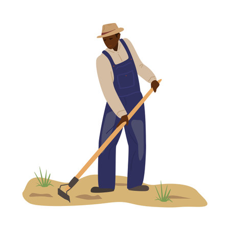 African man in coverall and straw hat working in the field with hoe. Black man plowing. Hard manual labor. farm character. traditional agriculture. Flat vector illustration.のイラスト素材