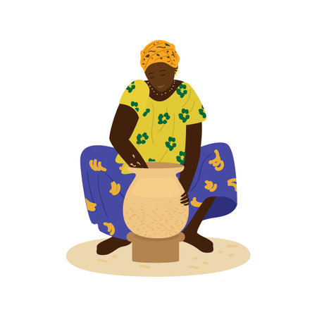 African woman in colorful clothes making pottery. traditional crafts. manual labor. Flat vector illustration.のイラスト素材