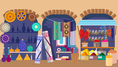 Asian street market with pottery, carpets and spices stores. Indian market. Flat vector illustration.のイラスト素材