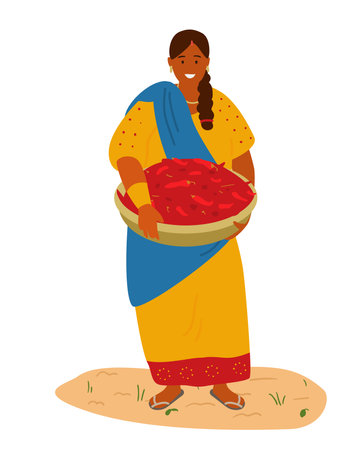 Indian Woman In Colorful Traditional Dress Holding Basket With Chili Pepper. Harvesting concept. Flat Vector Illustration.のイラスト素材
