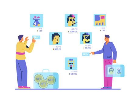 Two men art collectors in NFT art gallery choosing and buying art flat vector illustration. Crypto art exhibition concept.のイラスト素材
