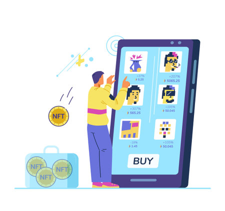Man buying nft art in online gallery flat vector illustration. Collector with briefcases with NFT portfolio in virtual art gallery. Investment in nft concept.のイラスト素材