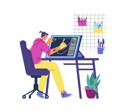 Artist making digital art process. Man sitting at desk painting on a graphic tablet vector illustration.のイラスト素材