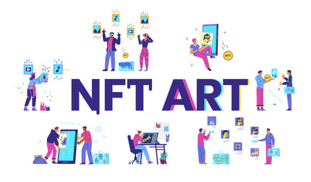 NFT non fungible token concept vector banner. People creating, selling, choosing and buying NFT art illustrations.のイラスト素材