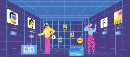 People in VR headset in metaverse art gallery buying nft art flat vector illustration. Collectors with briefcases with NFT portfolio in virtual art gallery. Investment in nft concept.のイラスト素材