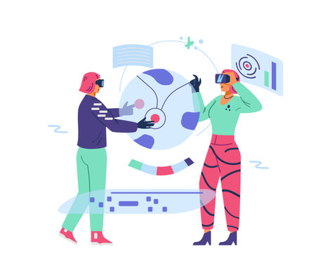 Two women colleagues in VR headsets and gloves working together on project in cyberspace flat vector illustration. Metaverse for business concept.のイラスト素材