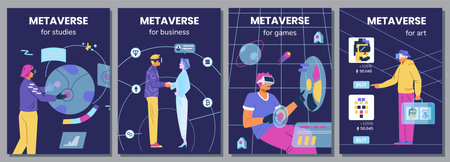 Metaverse in different life spheres set of vector posters. People in VR headsets using metaverse for their purposes - studies, games, business, investment in NFT art.のイラスト素材