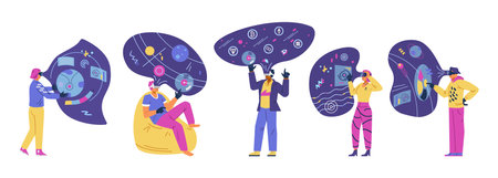 People in VR headsets in metaverse flat vector illustration set. Men and women in virtual reality filled with abstract objects, crypto currencies, holograms.のイラスト素材