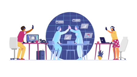 Colleagues working from home meeting in metaverse flat vector illustration. Hologram man and woman giving high five in virtual office room. Modern technologies for business.のイラスト素材
