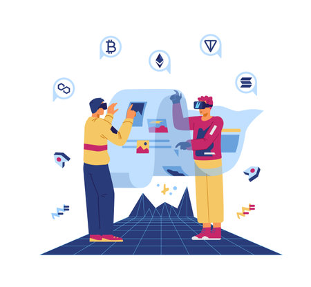 Two men in VR headsets in metaverse flat vector illustration. Young men scrolling news about NFT art and crypto currencies in virtual reality.のイラスト素材
